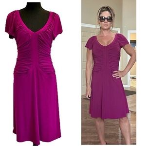 Joseph Ribkoff bright purple short sleeve gathered ruched fit & flare midi dress